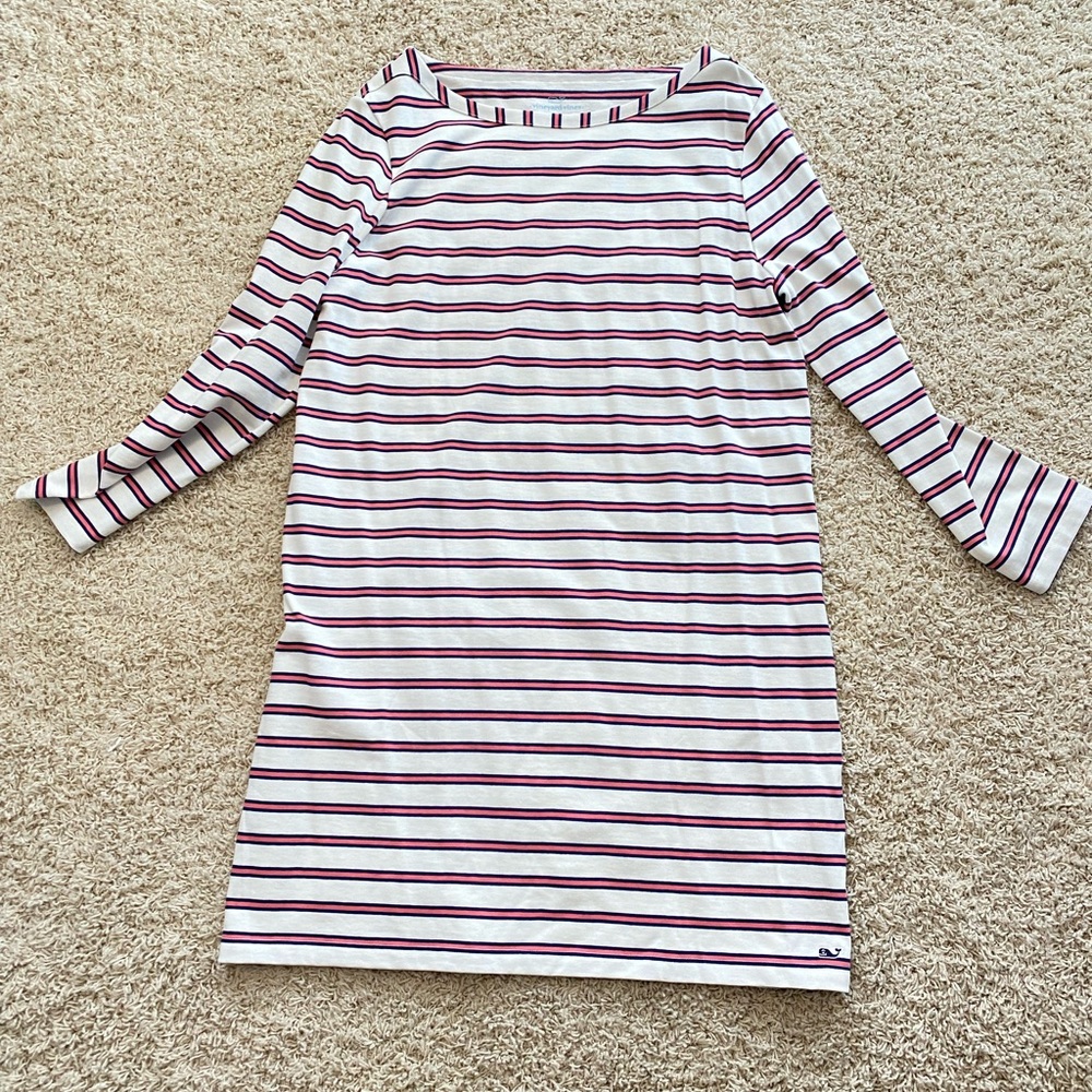 Vineyard Vines Blue/Pink Knit Striped Dress Boat Neckline Large
